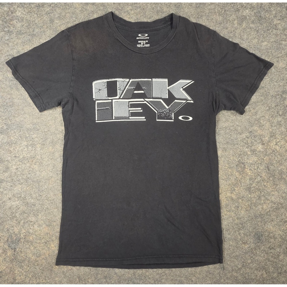 Oakley Mens Shirt Y2K Black Regular Fit Short Sleeve Small Disstressed Faded